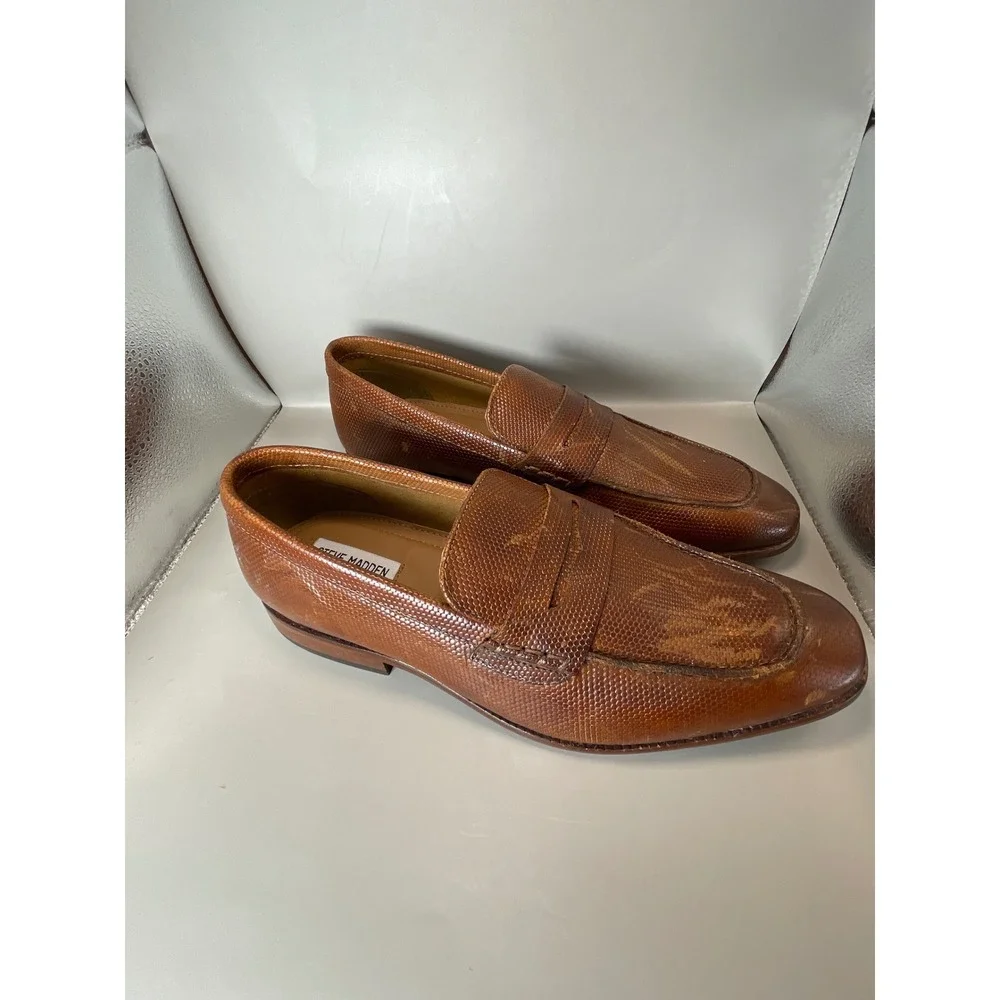 Steve Madden Mens P-Ancher Cognac Leather Textured Penny Loafers Size 8.5D